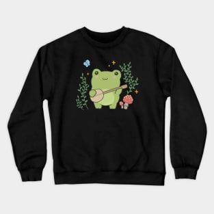 Frog Playing Banjo and Edgy Mushroom: A Kawaii Cottagecore Adventure Crewneck Sweatshirt